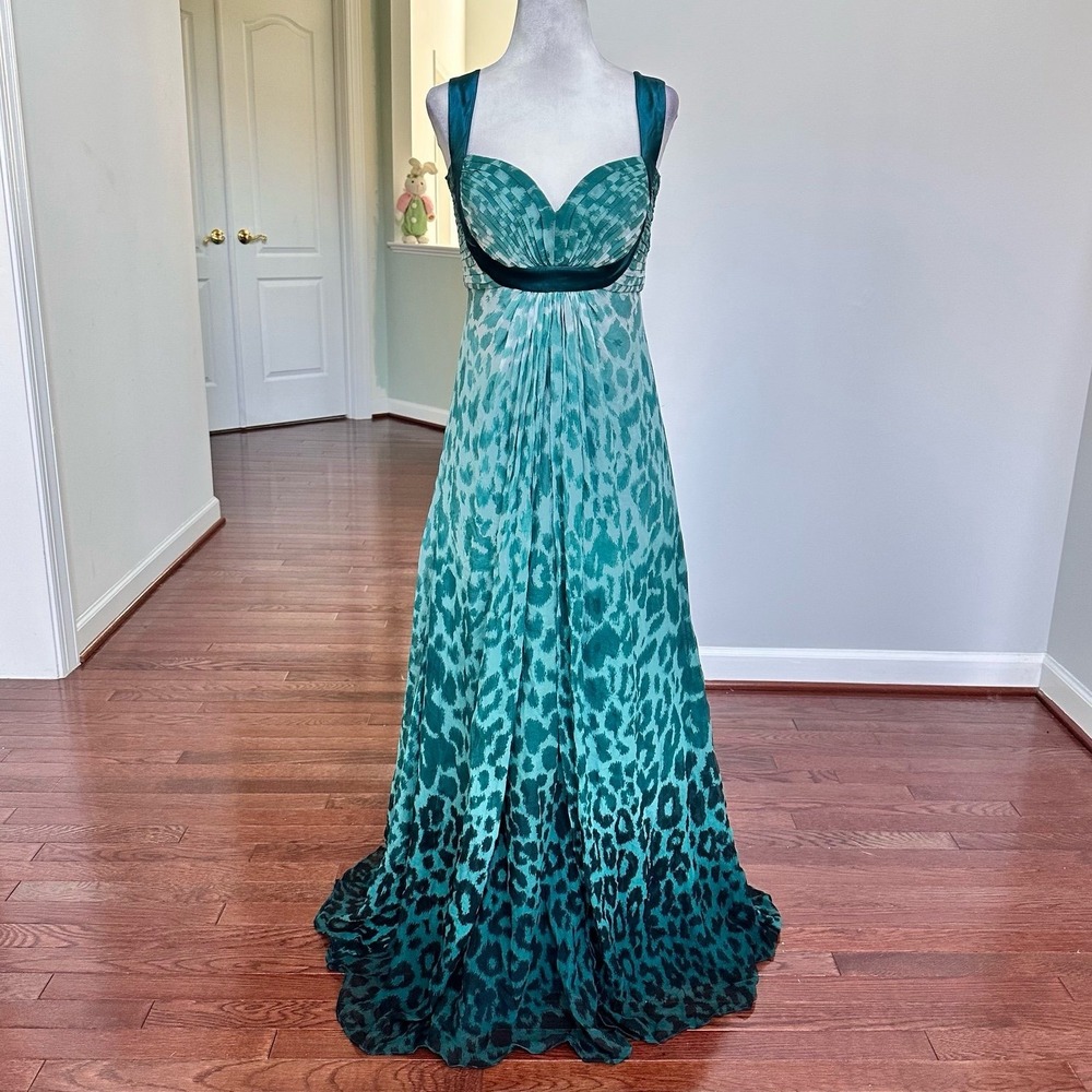 Tadashi Collection Green Ombré Leopard Plunge 100% Silk Gown Dress Size 4